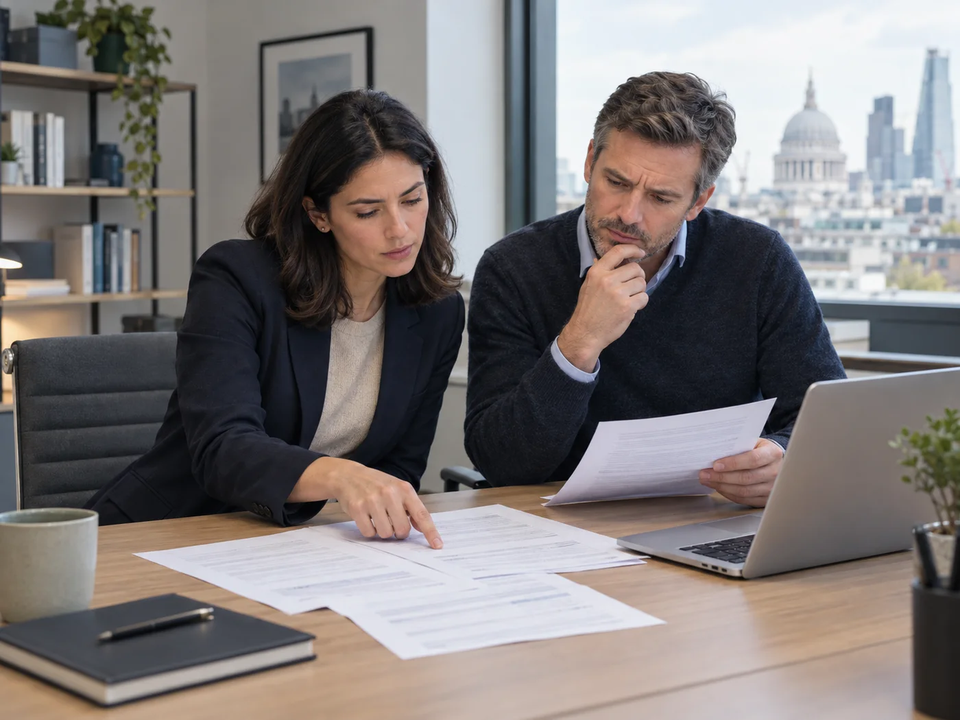 Two colleagues working through complex insurance paperwork together in an office